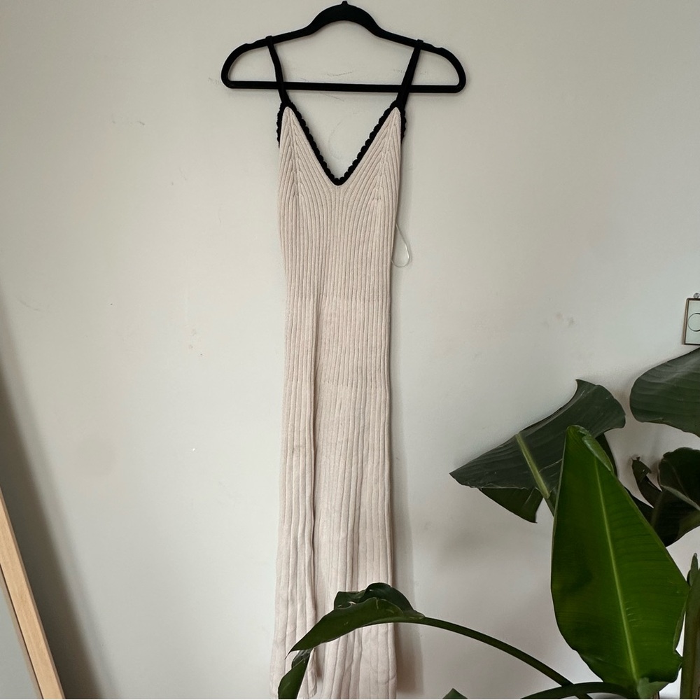 Cozy Ribbed Knit Midi Dress – Cream with Black Trim
